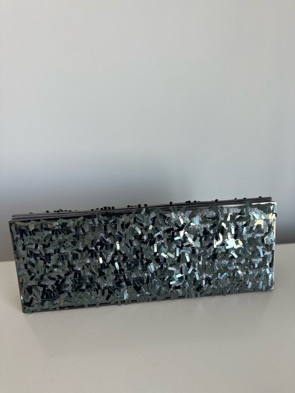 BCBGMaxAzria Silver Sequin Rectangular Evening Clutch / Crossbody Bag - Picture 9 of 12